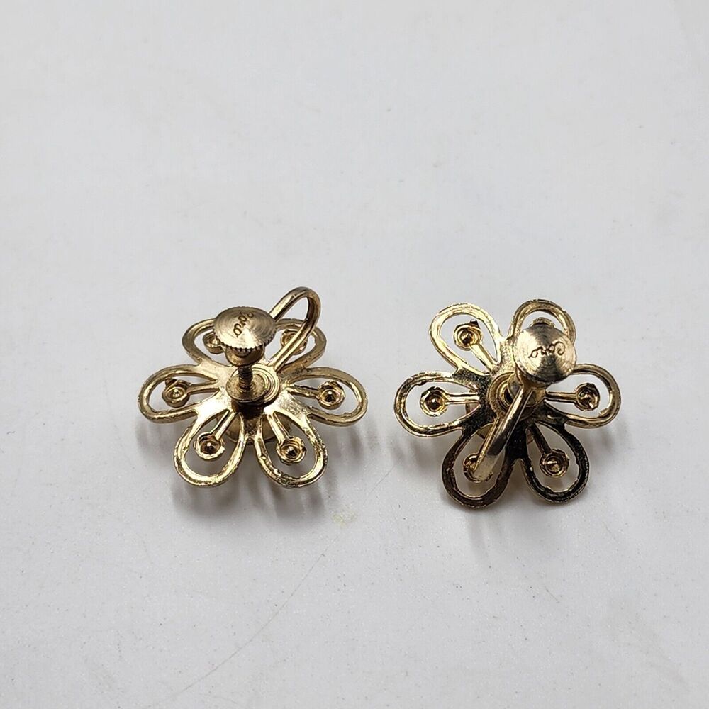 Vintage CORO Gold Tone Openwork Rhinestone Petal Flower Screw Back Earrings - Picture 3 of 5